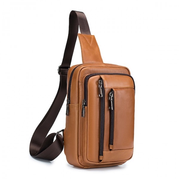 Men's Sling Bags Crossbody Bag Nappa Leather Zipper Solid Color Daily Going out Black Brown