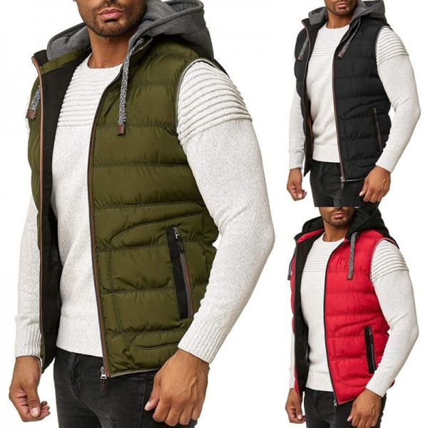 Men's 2022 autumn and winter new men's fashion solid color hooded cotton vest vest Korean version slim warm cotton vest